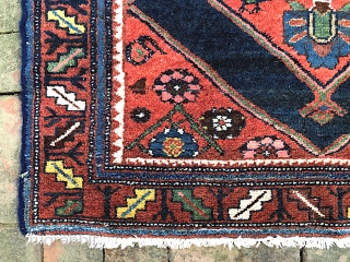 Malayer-- approx 3.1 x 3.8-- Calling this Malayer for lack of anything better. Probably West Persian Village piece and has kurd influence. An interesting graphic old piece. Gets lowish in center. Call  ...