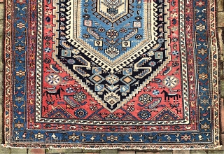 Hamadan-- 4.3 x 6.1 -- Tribal inspired. Abundant abrashes and 4 horses-- very cool. Call me for detailed in hand condition report. $25 shipping. Please check out recent pickings: http://www.montaine-antiques.com/oriental-rugs/   
