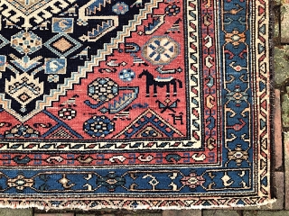 Hamadan-- 4.3 x 6.1 -- Tribal inspired. Abundant abrashes and 4 horses-- very cool. Call me for detailed in hand condition report. $25 shipping. Please check out recent pickings: http://www.montaine-antiques.com/oriental-rugs/   