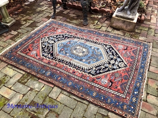 Hamadan-- 4.3 x 6.1 -- Tribal inspired. Abundant abrashes and 4 horses-- very cool. Call me for detailed in hand condition report. $25 shipping. Please check out recent pickings: http://www.montaine-antiques.com/oriental-rugs/   