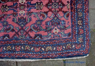 Mehriban Pushti. 2 ft 1 inches by 2 ft 8 inches. Thick and plush little Herati rug with soft salmon field. Weave is above average for Hamadan region; nicer quality wool. Condition  ...