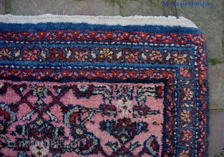 Mehriban Pushti. 2 ft 1 inches by 2 ft 8 inches. Thick and plush little Herati rug with soft salmon field. Weave is above average for Hamadan region; nicer quality wool. Condition  ...