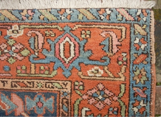 Heriz/Serapi-- 3 ft 6 x 4 ft 6. Northwest village rug in rare small format. Scaled down open field design with wide borders and Serapi colors. 
All original sides and ends. As  ...