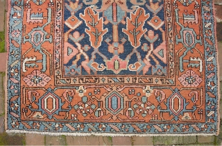 Heriz/Serapi-- 3 ft 6 x 4 ft 6. Northwest village rug in rare small format. Scaled down open field design with wide borders and Serapi colors. 
All original sides and ends. As  ...