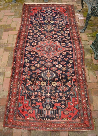 Malayer-- 3 ft 6 inches x 9 ft  2 inches. Circa 1915 (give or take), with all natural dyes. Elegant open field design, well drafted geometric floral. Just an honest, decorative  ...