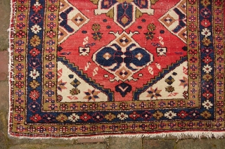 Turkish Pushti-- 2 ft 3 inches x 3 ft  4 inches. Interesting medallion design w/ Persian or Caucasian influence. Some inept old work securing one side cord which could easily be  ...