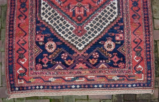 Kurd 4 ft 6 inches x 8 ft 10 inches. Useful size. Very lively and decorative with diapered white field. Somewhat coarsely woven w/ heavy thick pile; charming and vernacular. Excellent condition  ...