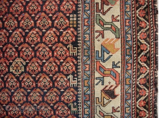 Malayer-- 3 ft 4 by 5 ft 9 inches. Fine weave with totally great colors and Caucasian designs. Note little animal figures. 
Pile is low but even and there is no exposed  ...