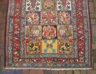 Garden Bahktiari. 4 ft 4 inches x 6 ft 10 inches. Real unique motifs. Terrific decorative colors-- especially the safron yellow. Nicer heavy weave; good condition with pile throughout. $30 us shipping.
 