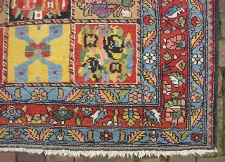 Garden Bahktiari. 4 ft 4 inches x 6 ft 10 inches. Real unique motifs. Terrific decorative colors-- especially the safron yellow. Nicer heavy weave; good condition with pile throughout. $30 us shipping.
 