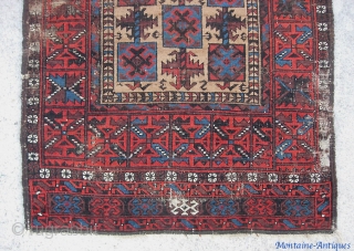 Belouchi-- 3 ft 0 by 5 ft 0 inches. An old and timeworn rug. Pretty unusual and interesting design.              