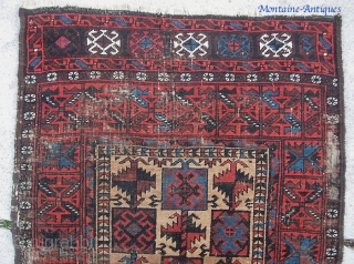 Belouchi-- 3 ft 0 by 5 ft 0 inches. An old and timeworn rug. Pretty unusual and interesting design.              