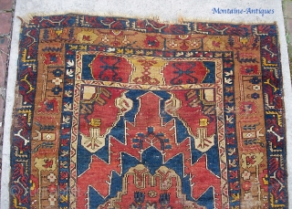 Turkish-- 3 ft 0 by 5 ft 6 inches. Dyes all natural? Not sure. In any case, a really ancient rug. You can see it is well worn. I know zero about  ...