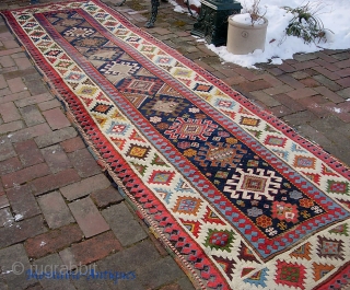 Ancient Caucasian-- 3 ft 5 inches x 12 ft 4 inches. Kazak? Whatever. Probably the oldest rug I have ever found. My little cadre of pedantic but broke-ass advisors seem to agree  ...