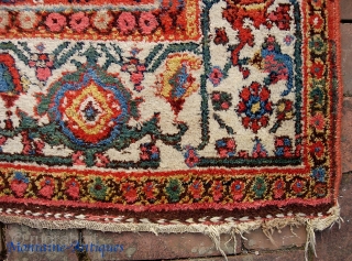 Bidjar-- 4 ft 3 inches x 7 ft  8 inches. Old wool foundation rug with bright, clear colors. Very decorative rug. A bit of attrition at the end weaves but the  ...