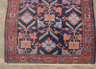 Hamadan-- 4 ft 6 inches x 6 ft 6 inches. Just an honest old Persian rug  w/ crispy design and great colors. Nice overall pile. The dogeared corner is pretty much  ...