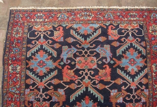 Hamadan-- 4 ft 6 inches x 6 ft 6 inches. Just an honest old Persian rug  w/ crispy design and great colors. Nice overall pile. The dogeared corner is pretty much  ...