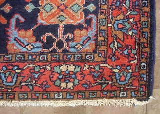 Hamadan-- 4 ft 6 inches x 6 ft 6 inches. Just an honest old Persian rug  w/ crispy design and great colors. Nice overall pile. The dogeared corner is pretty much  ...