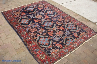 Hamadan-- 4 ft 6 inches x 6 ft 6 inches. Just an honest old Persian rug  w/ crispy design and great colors. Nice overall pile. The dogeared corner is pretty much  ...