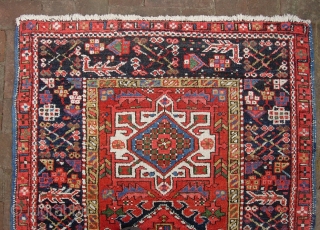 Karaja-- 3 ft 1 inches x 4 ft 2 inches. High impact rug w/ strong decorator colors.  Pile is low but even. Overall condition is good tho not perfect. $15 for  ...