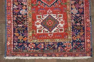 Karaja-- 3 ft 1 inches x 4 ft 2 inches. High impact rug w/ strong decorator colors.  Pile is low but even. Overall condition is good tho not perfect. $15 for  ...