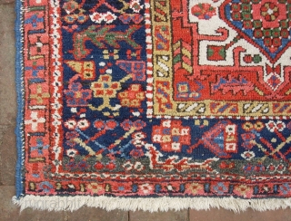 Karaja-- 3 ft 1 inches x 4 ft 2 inches. High impact rug w/ strong decorator colors.  Pile is low but even. Overall condition is good tho not perfect. $15 for  ...
