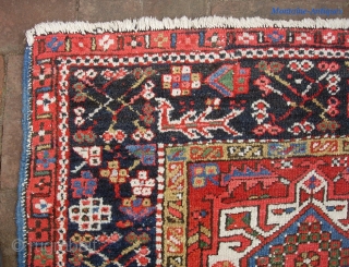 Karaja-- 3 ft 1 inches x 4 ft 2 inches. High impact rug w/ strong decorator colors.  Pile is low but even. Overall condition is good tho not perfect. $15 for  ...