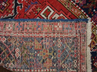 Karaja-- 3 ft 1 inches x 4 ft 2 inches. High impact rug w/ strong decorator colors.  Pile is low but even. Overall condition is good tho not perfect. $15 for  ...