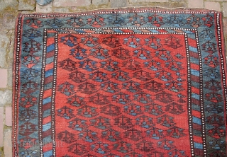 Kurdish-- 3 ft 8 inches x 6 ft 7 inches. Deep red and nice blues. All wool foundation. Original ends and sides. Almost perfect. Pile gets a little lowish in the center  ...