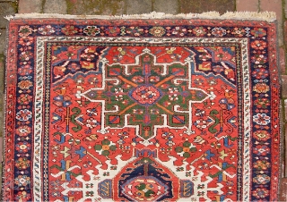 Karaja-- 3 ft 6 inches x 4 ft 6 inches. Bright and super decorative with great green medallions. Decent pile for the most part. There are a couple of small spots with  ...