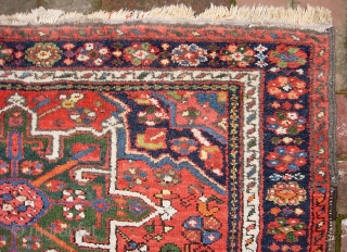 Karaja-- 3 ft 6 inches x 4 ft 6 inches. Bright and super decorative with great green medallions. Decent pile for the most part. There are a couple of small spots with  ...
