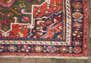 Karaja-- 3 ft 6 inches x 4 ft 6 inches. Bright and super decorative with great green medallions. Decent pile for the most part. There are a couple of small spots with  ...