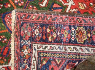 Karaja-- 3 ft 6 inches x 4 ft 6 inches. Bright and super decorative with great green medallions. Decent pile for the most part. There are a couple of small spots with  ...