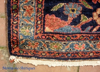 Mehriban-- 2 ft 4 inches x 4 ft 6 inches. Mini runner w/ nice open Art Deco design on indigo field. Plush thick silky pile. Supple weave. Just beginning a little bit  ...