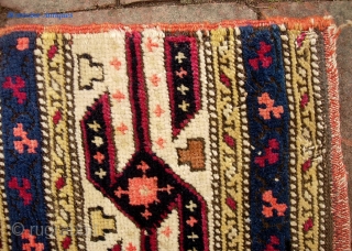 Tribal Pile Panel -- 2 ft x 3 ft 3 inches. Shahsavan?  Caucasian? Whatever-- it is definitely vibrant. Original selvedge on one end; lost a bit at the other end. Aside  ...