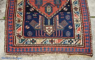 Northwest runner  3 ft 0 by 15 ft. Maybe Caucasian  with the birds and all that Shirvan stuff. I'm not sure. Maybe 19th century. Warp is cotton. Pretty nice condition.  ...