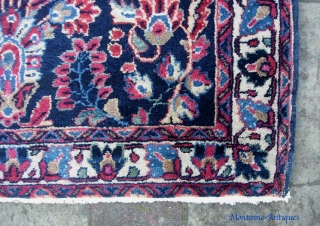 Blue Sarouk.  2 ft 1 inches by 4 ft 0 inches. Crisp design. Silky, lush pile and nice tight weave. Pile is mint. One end is perfect; the other end has  ...