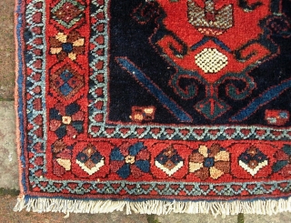 Afshar -- 20 x 27 inches. Neat piece. Fine weave. Beautiful colors. Some attrition at the ends but overall very good condition. $15 UPS to Lower 48      