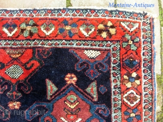 Afshar -- 20 x 27 inches. Neat piece. Fine weave. Beautiful colors. Some attrition at the ends but overall very good condition. $15 UPS to Lower 48      