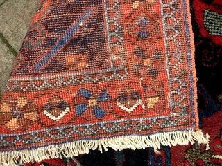 Afshar -- 20 x 27 inches. Neat piece. Fine weave. Beautiful colors. Some attrition at the ends but overall very good condition. $15 UPS to Lower 48      