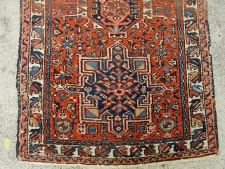 Old Karaja. Hard to find mat size: 2 ft 3 x 3 ft 10 inches.  Tiny little area on the side cord where needs to be overcast. Otherwise, darned nice condition  ...