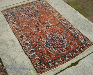 Old Karaja. Hard to find mat size: 2 ft 3 x 3 ft 10 inches.  Tiny little area on the side cord where needs to be overcast. Otherwise, darned nice condition  ...