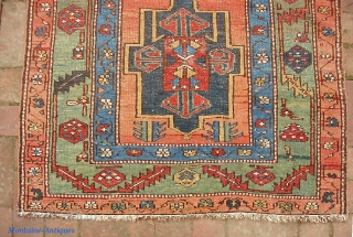 Ancient N.W. Bahkshaish? Karaja? Serapi? 3 ft 4 inches by 4 ft 7 inches. 19th century. The warps are a candy-cane with cotton and brown wool. Condition is low, even, w/ some  ...