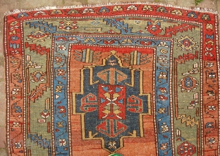 Ancient N.W. Bahkshaish? Karaja? Serapi? 3 ft 4 inches by 4 ft 7 inches. 19th century. The warps are a candy-cane with cotton and brown wool. Condition is low, even, w/ some  ...