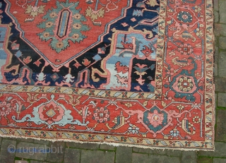 Old Heriz/Serapi 7 ft 3 X 11 ft 4 in. Real decorative thing with great colors and very uncluttered design. Unusual to find such wide borders on a smallish carpet. Well used--  ...