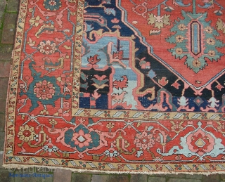 Old Heriz/Serapi 7 ft 3 X 11 ft 4 in. Real decorative thing with great colors and very uncluttered design. Unusual to find such wide borders on a smallish carpet. Well used--  ...