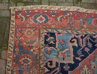 Old Heriz/Serapi 7 ft 3 X 11 ft 4 in. Real decorative thing with great colors and very uncluttered design. Unusual to find such wide borders on a smallish carpet. Well used--  ...