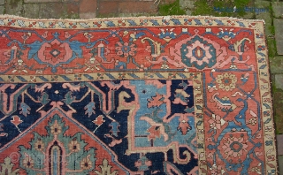 Old Heriz/Serapi 7 ft 3 X 11 ft 4 in. Real decorative thing with great colors and very uncluttered design. Unusual to find such wide borders on a smallish carpet. Well used--  ...