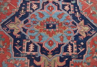 Old Heriz/Serapi 7 ft 3 X 11 ft 4 in. Real decorative thing with great colors and very uncluttered design. Unusual to find such wide borders on a smallish carpet. Well used--  ...