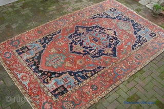 Old Heriz/Serapi 7 ft 3 X 11 ft 4 in. Real decorative thing with great colors and very uncluttered design. Unusual to find such wide borders on a smallish carpet. Well used--  ...